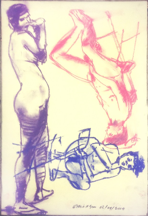 WOMAN IN 3 POSES WITH PURPLE%7CPINK%7CBLUE Artistic Nude Artwork by Artist MUSEUMOFDRAWING